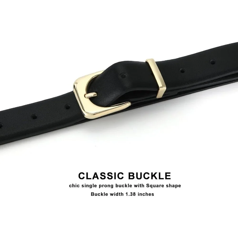 Women's Black Faux Leather Waist Belt With Gold Silver Buckle Casual Jeans Pants